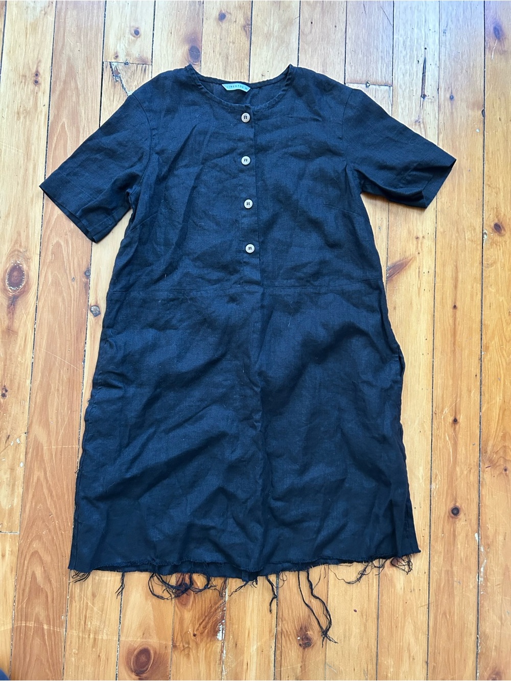 Linenfox black dress linen XS buttons pockets raw hem